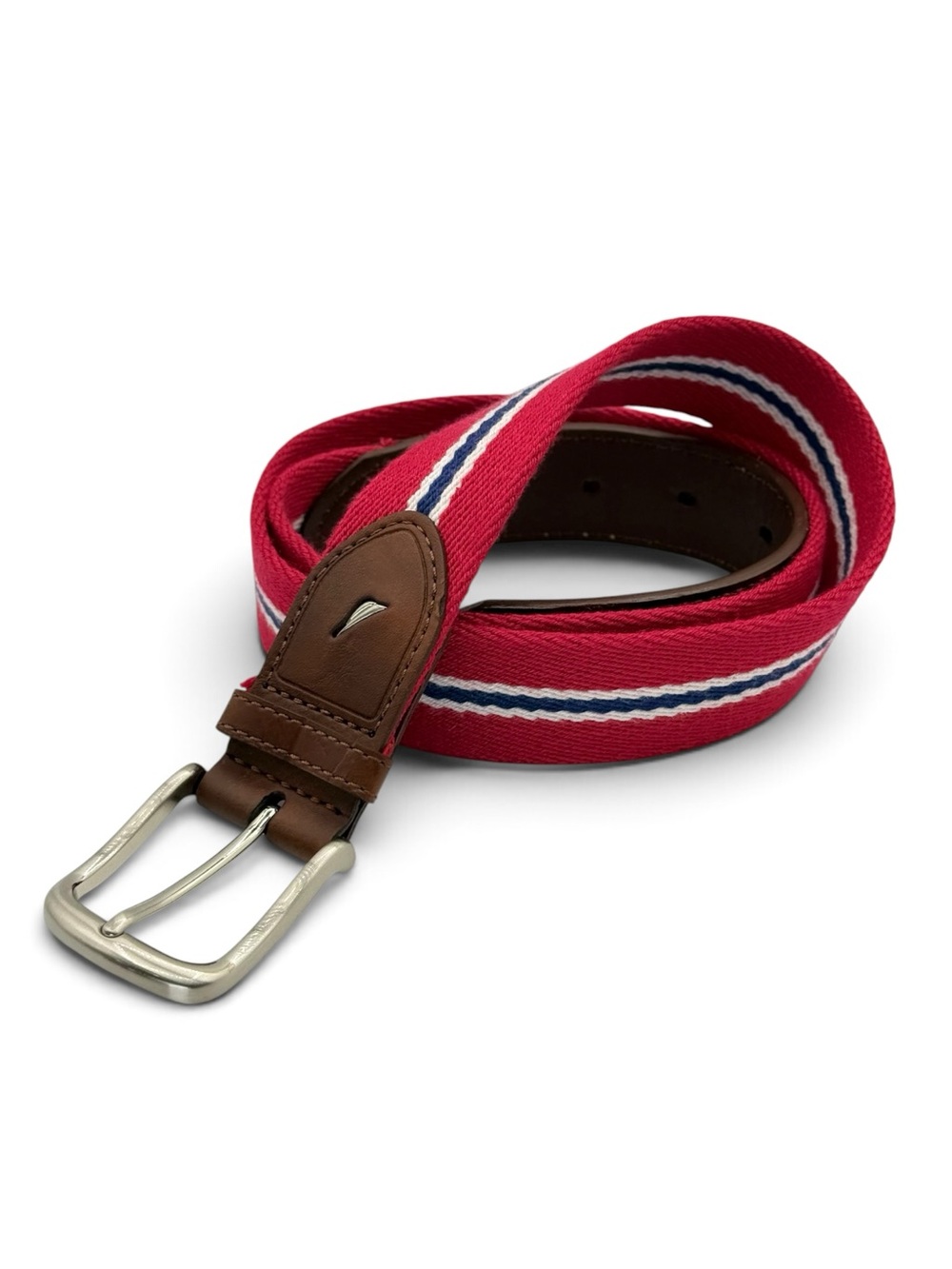 Nautica Men’s Red‎ Navy Blue Striped Brown Leather Tabs Belt Size 36/90